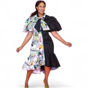 For Her NYC Womens Mixed Media Black White Puff Sleeve Comic Retro Dress. XL